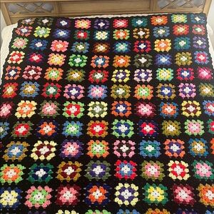 HANDMADE Granny Square Crocheted Afghan Yarn Rainbow VINTAGE